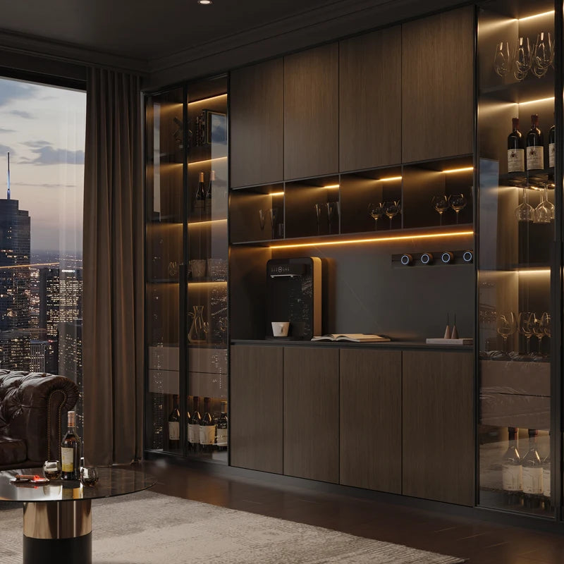 Modern wine cellar with illuminated shelves and cityscape view