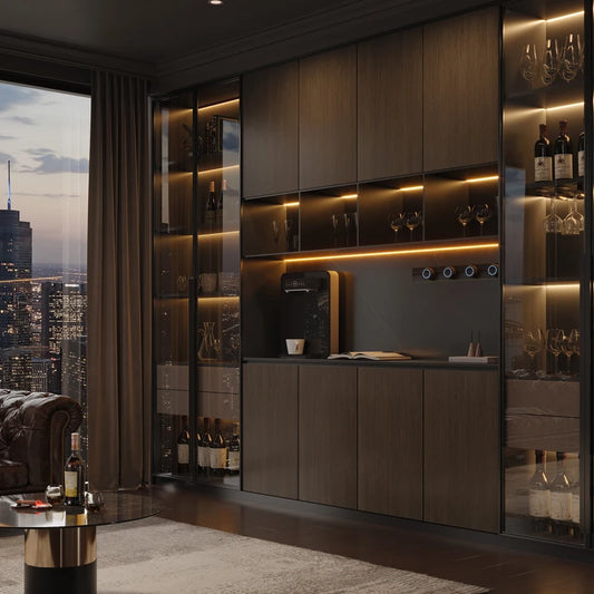 Modern wine cellar with illuminated shelves and cityscape view
