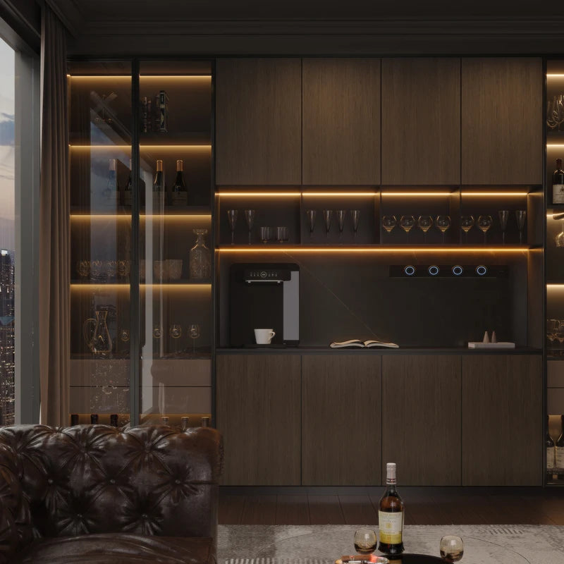 Modern kitchen with dark wood cabinets and built-in appliances, featuring a cityscape view.