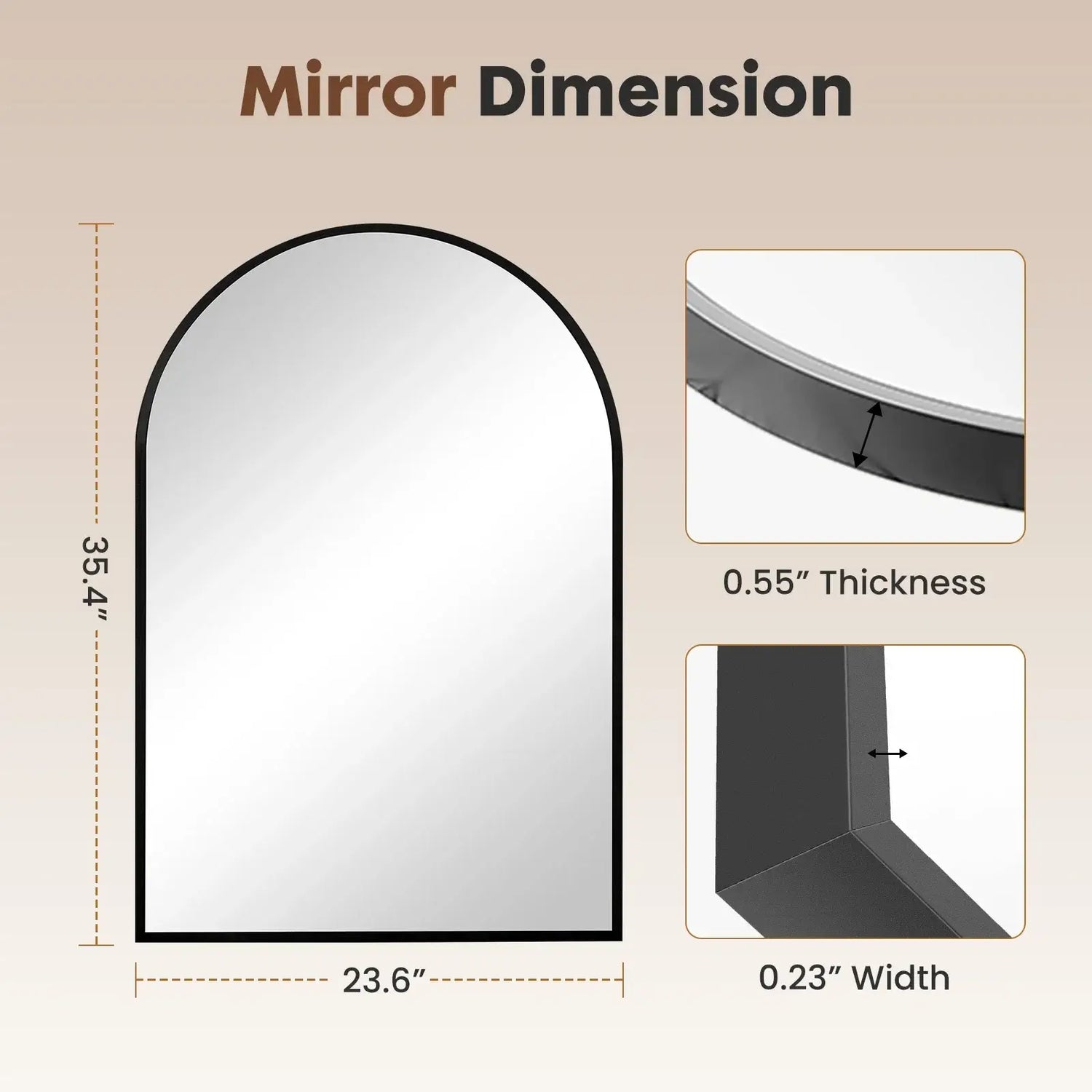 Architectural mirror with dimensions and thickness details on a beige background