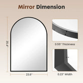 Architectural mirror with dimensions and thickness details on a beige background