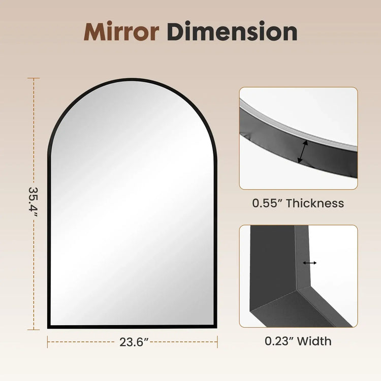 Architectural mirror with dimensions and thickness details on a beige background
