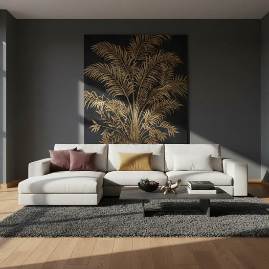 Modern living room with a sectional sofa and decorative pillows.
