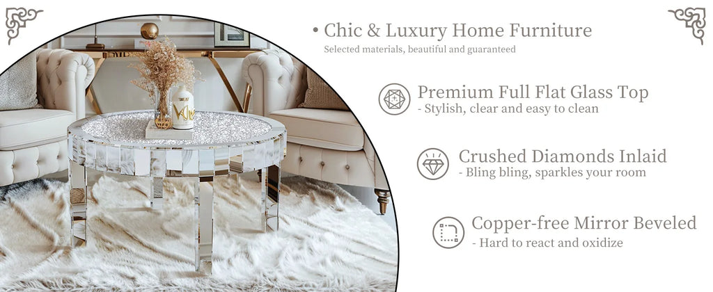 Mirrored Coffee Table with Crystal Inlay, 31.5'' Mirror Surface, Silver Accent