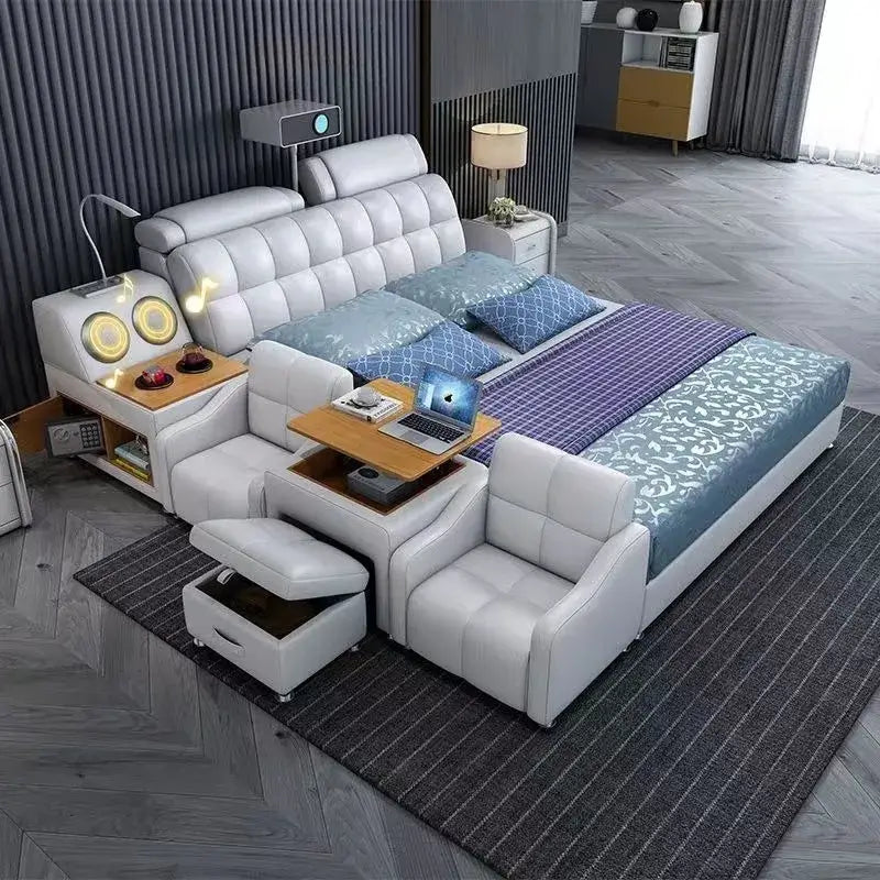 Luxury smart leather king size bed featuring multifunctional design, USB ports, and elegant upholstery.