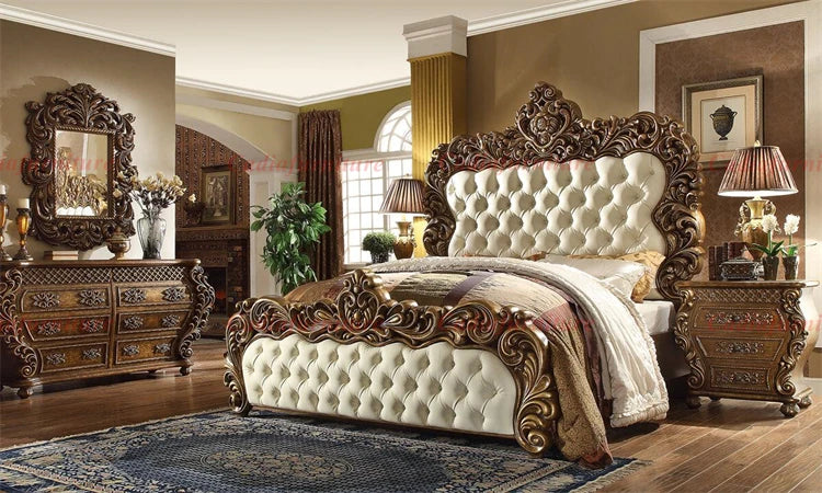 Hand-Carved American Bedroom Furniture Set | King Bed, Leather & Solid Wood