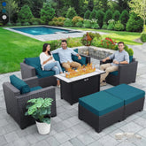 Outdoor patio furniture set with fire pit table on a patio area with pool and garden in the background. 3 people 