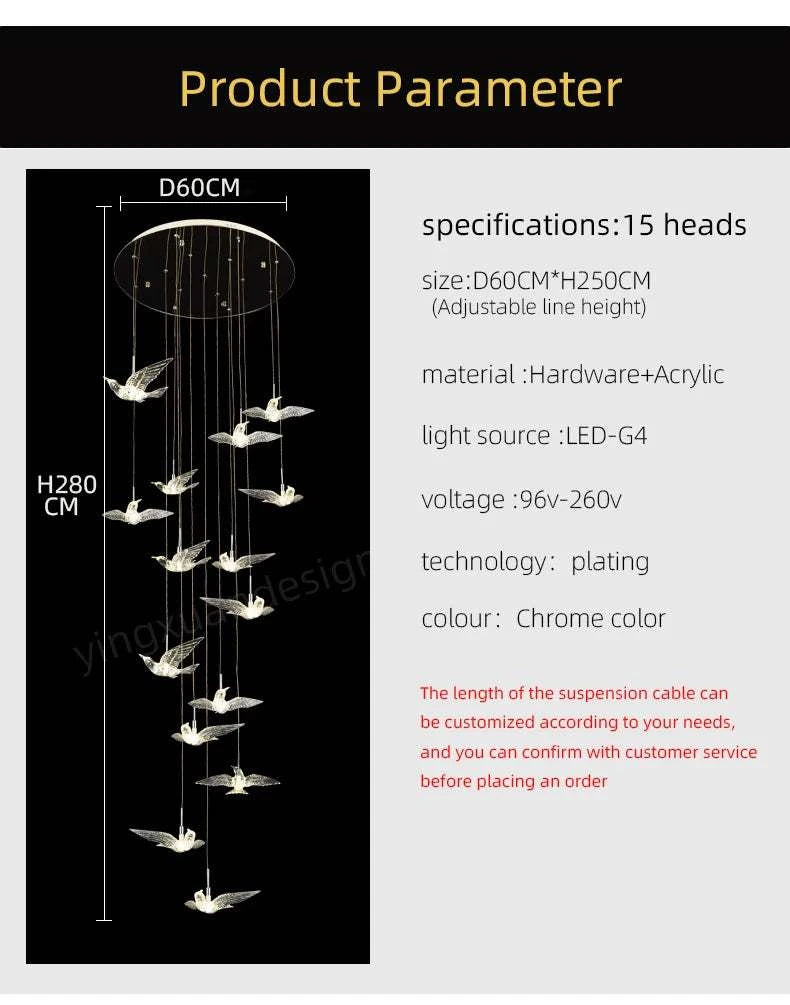 Chandelier product parameter with dimensions and specifications on a black background