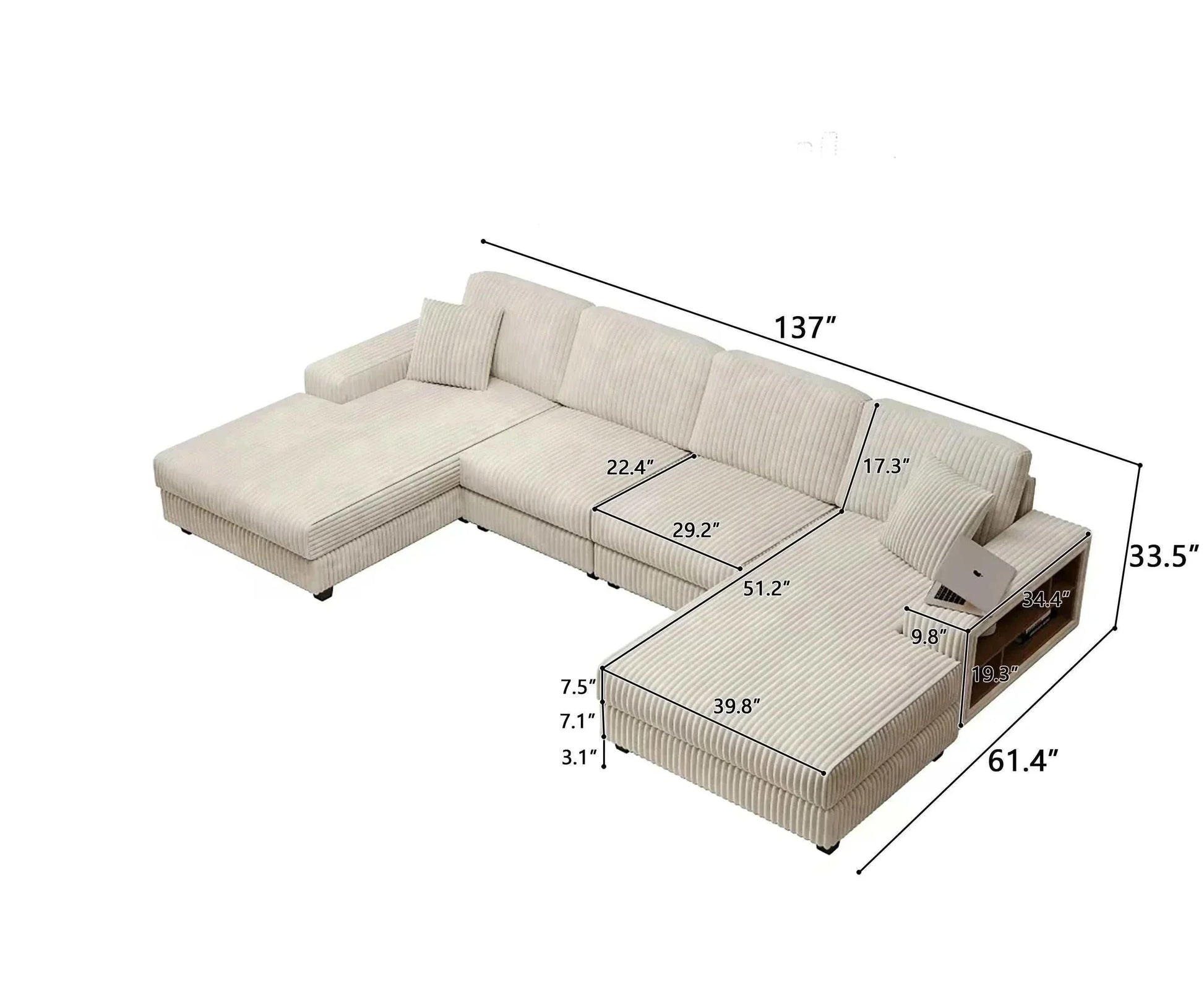 Beige sectional sofa with dimensions labeled on a white background