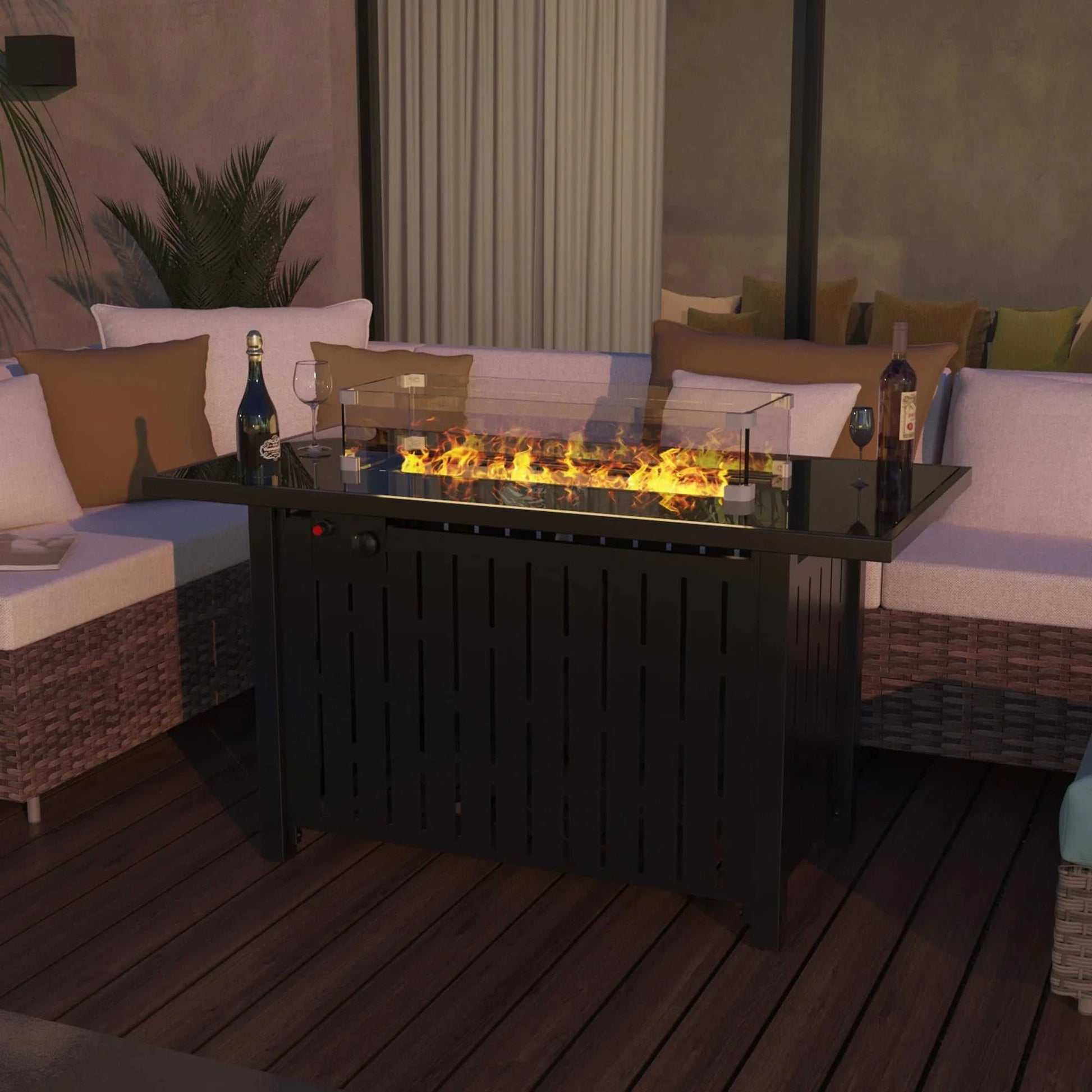 42 inch propane gas fire pit table with safety glass and steel frame on a patio