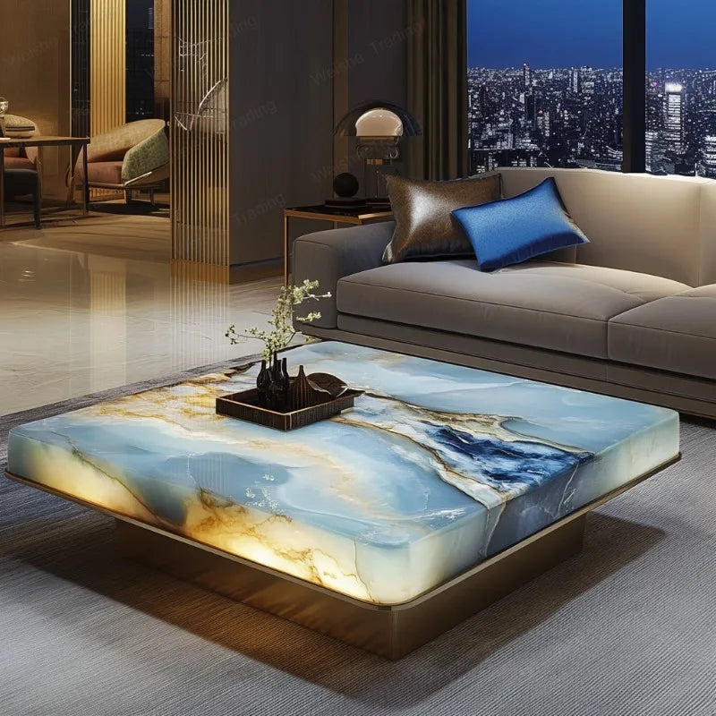 Luminous jade marble coffee table, a stunning minimalist luxury piece, perfect for upscale interiors and boutique settings.