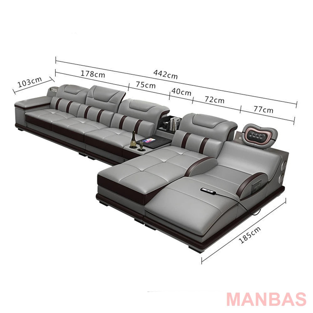 MANBAS Italian Genuine Leather Sectional Massage Sofa with Bluetooth, Speaker, Functional Headrest