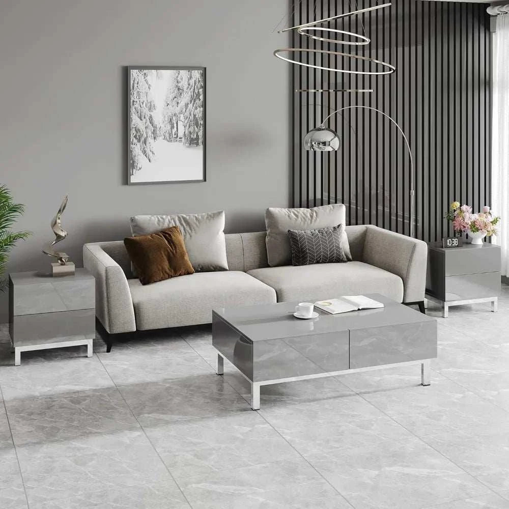 Modern living room with a gray sofa, coffee table, and decorative elements.