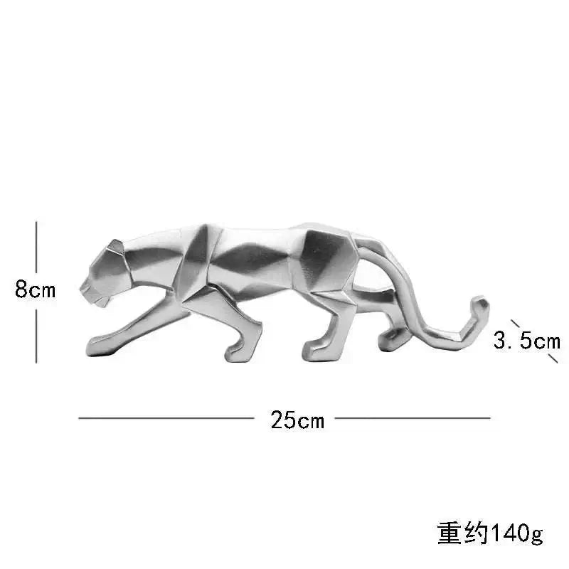Abstract geometric panther sculpture in silver, sleek design with dimensions 25cm x 8cm x 3.5cm.
