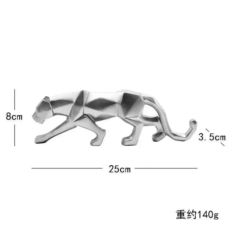 Abstract geometric panther sculpture in silver, sleek design with dimensions 25cm x 8cm x 3.5cm.