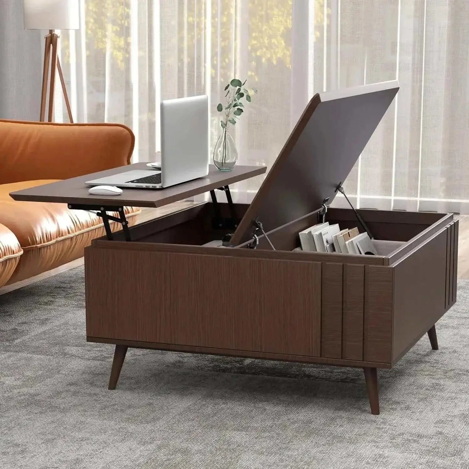 Mid-century modern lift top coffee table with storage compartments and elevated work surface in a living room.
