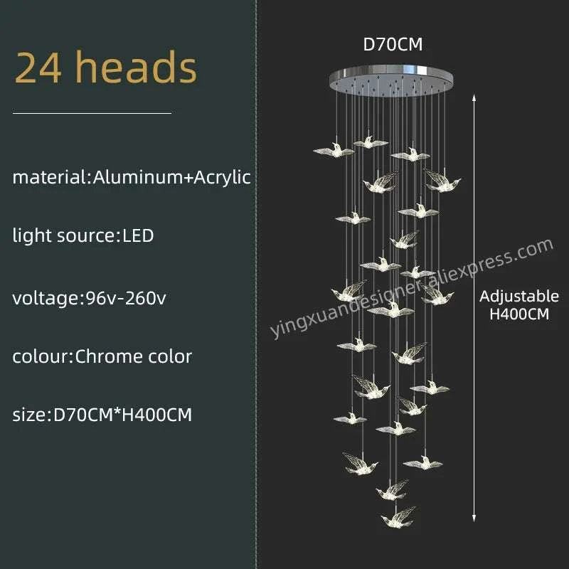 Chandelier with 24 heads featuring dimensions and specifications on a dark background.