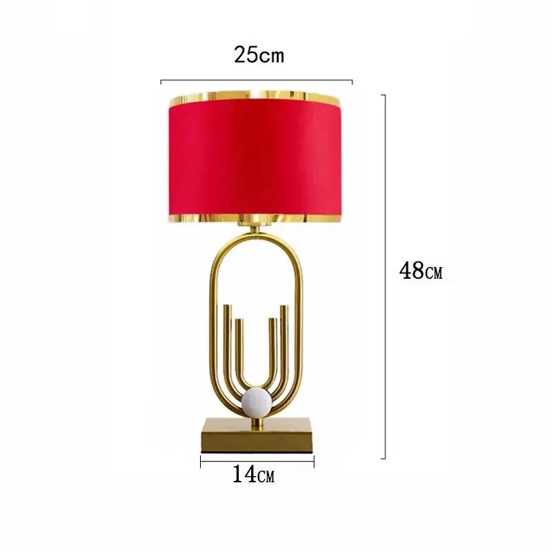 Nordic luxury bedside lamp with red shade and gold accents, 25cm by 48cm dimensions.