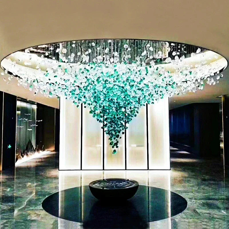 Luxury crystal stone chandelier showcasing stunning design with intricate stone accents and LED lighting.