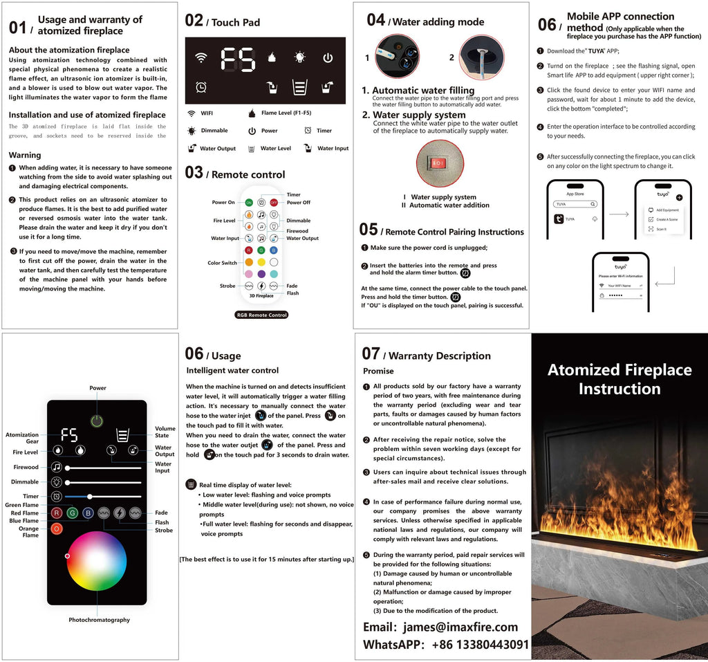 Instruction manual for an atomized fireplace with text and images on a white background.