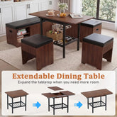 Extendable dining table with stools in a room setting, showing the table&