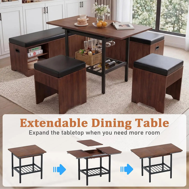 Extendable dining table with stools in a room setting, showing the table&