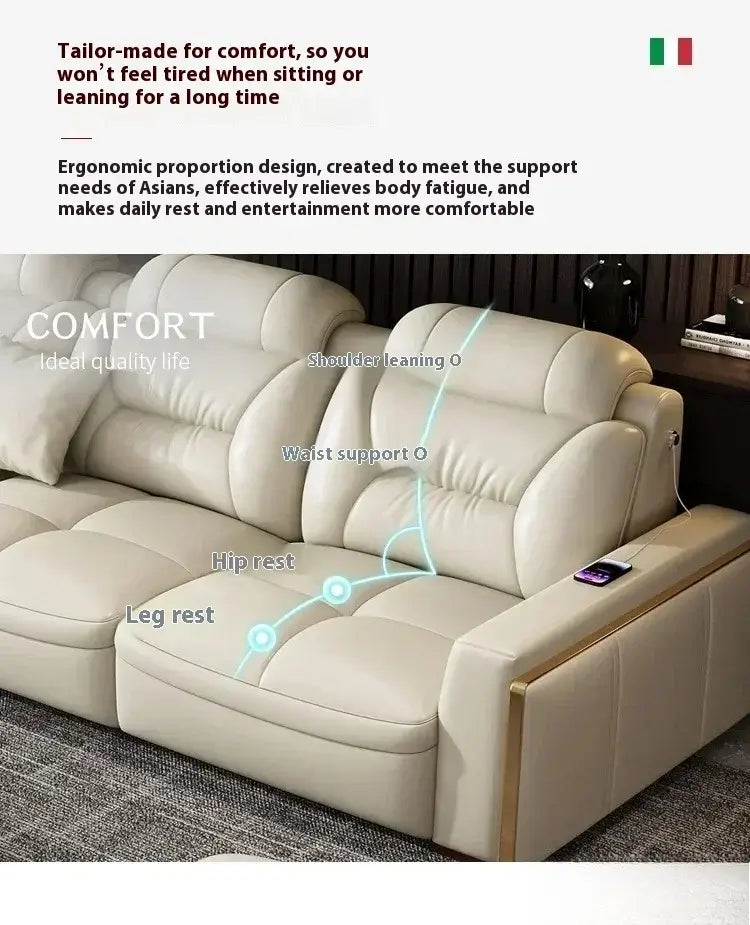 Premium Italian genuine leather sectional sofa with USB and Bluetooth, designed for ultimate comfort and support.