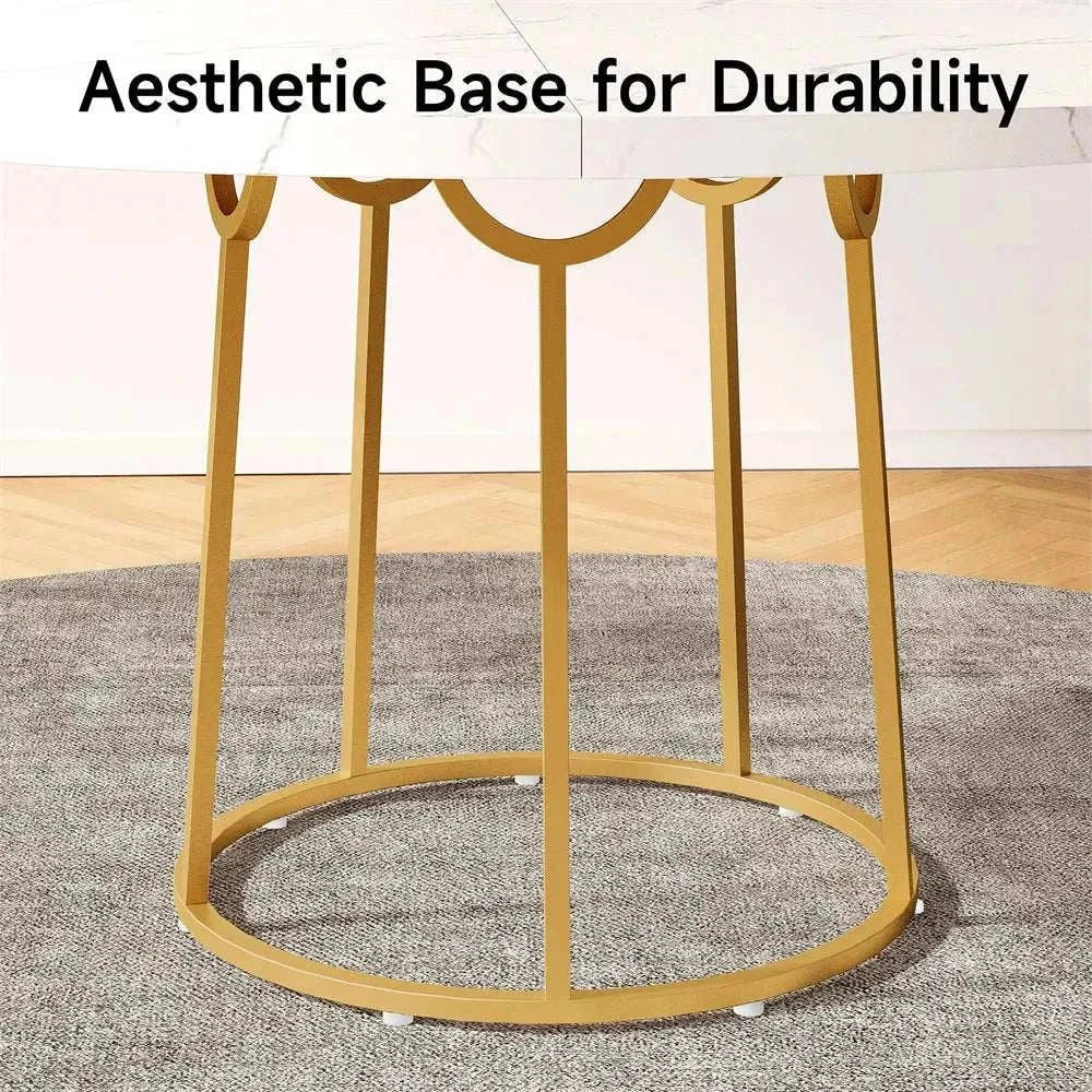 Round dining table with gold metal base on gray carpet showcasing durability and modern design