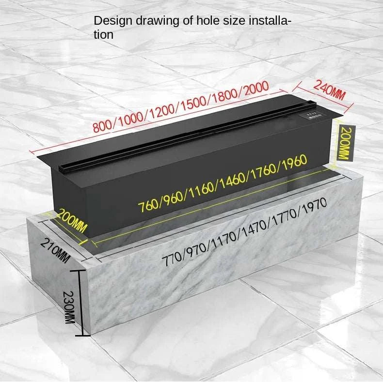 Design drawing of a hole size installation with dimensions on a marble floor background