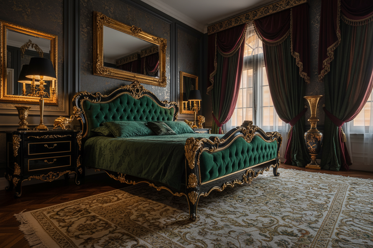 emerald velvet king bed with a luxurious tufted upholstered frame in an elegant traditional bedroom setting.