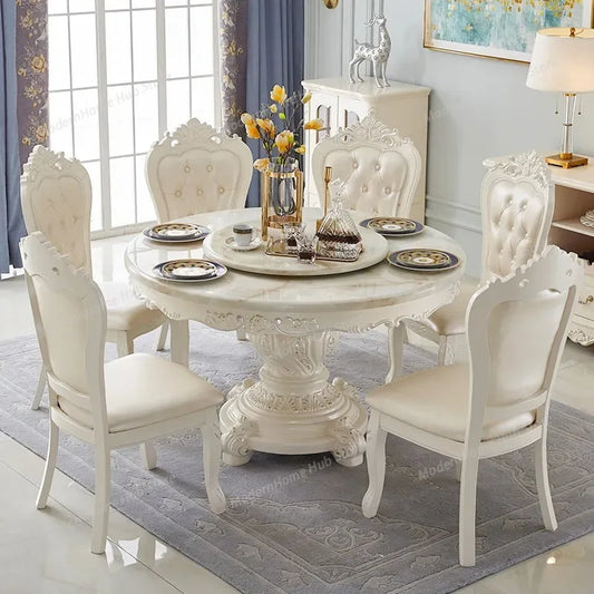 European-Style Marble Round Dining Table | Solid Wood Base | 1.2m–1.5m | Table & Chairs