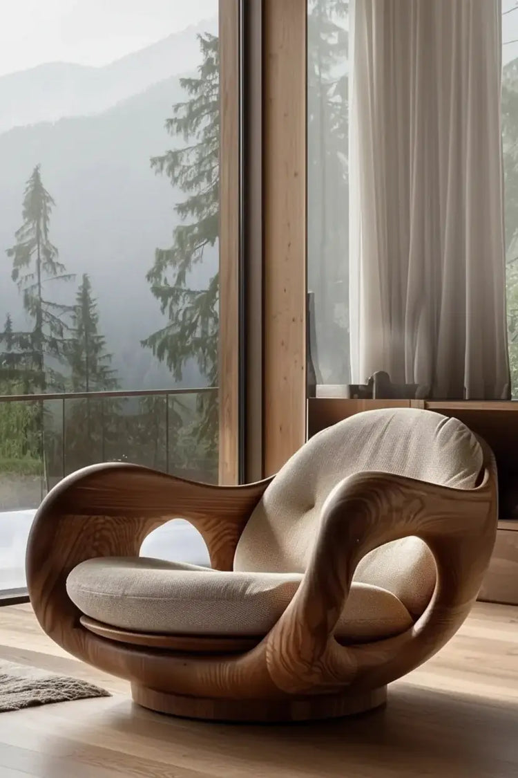 Italian minimalist recliner chair featuring a sculptural wood design, perfect for modern living rooms and creative spaces.