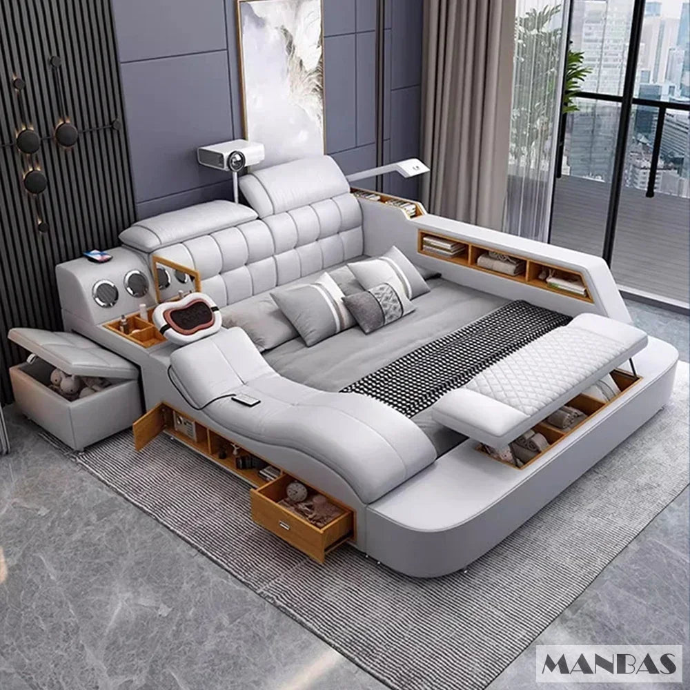 Modern white bed with wooden accents in a stylish room.