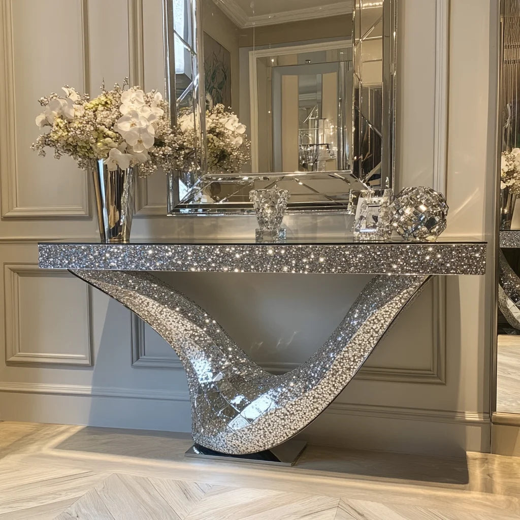 Crushed Diamond Mirror Console Table | Sculptural Arch Base | Glam Entryway Furniture - view 17