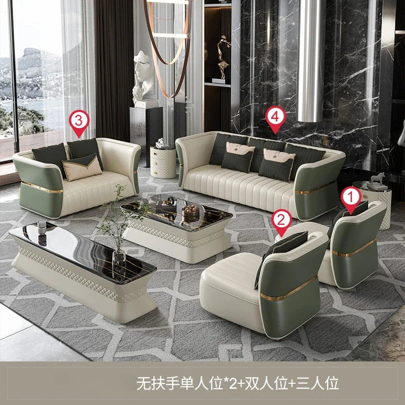 Modern living room with a sofa set, coffee table, and decorative items.