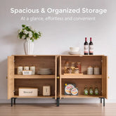Modern buffet cabinet with storage, showcasing spacious and organized interior with adjustable shelves and decorative elements.