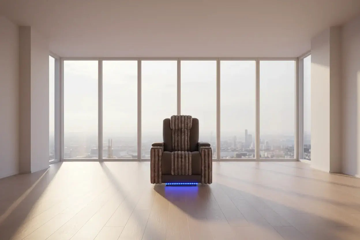 power reclining sofa set with LED lights in modern room with large windows.