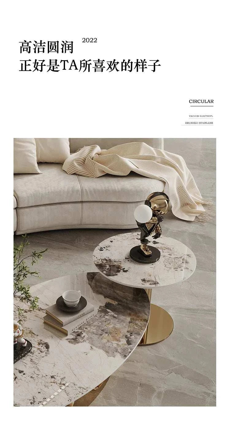 Modern living room with a marble coffee table and sofa, featuring the brand 'CIRCULAR'.