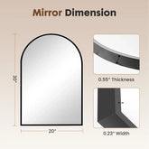 Architectural mirror with dimensions and thickness details on a beige background