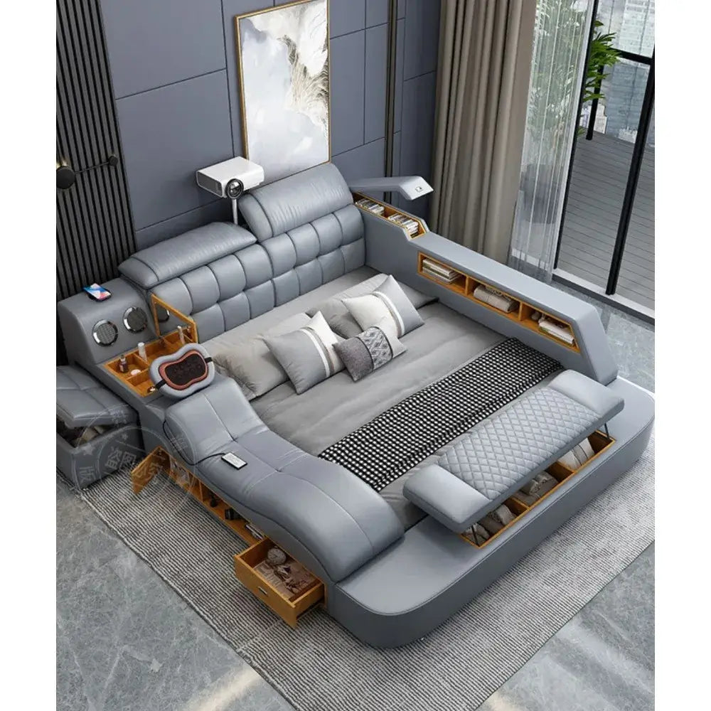 Smart leather bed with massage and storage elegantly designed with modern grey upholstery and integrated technology.