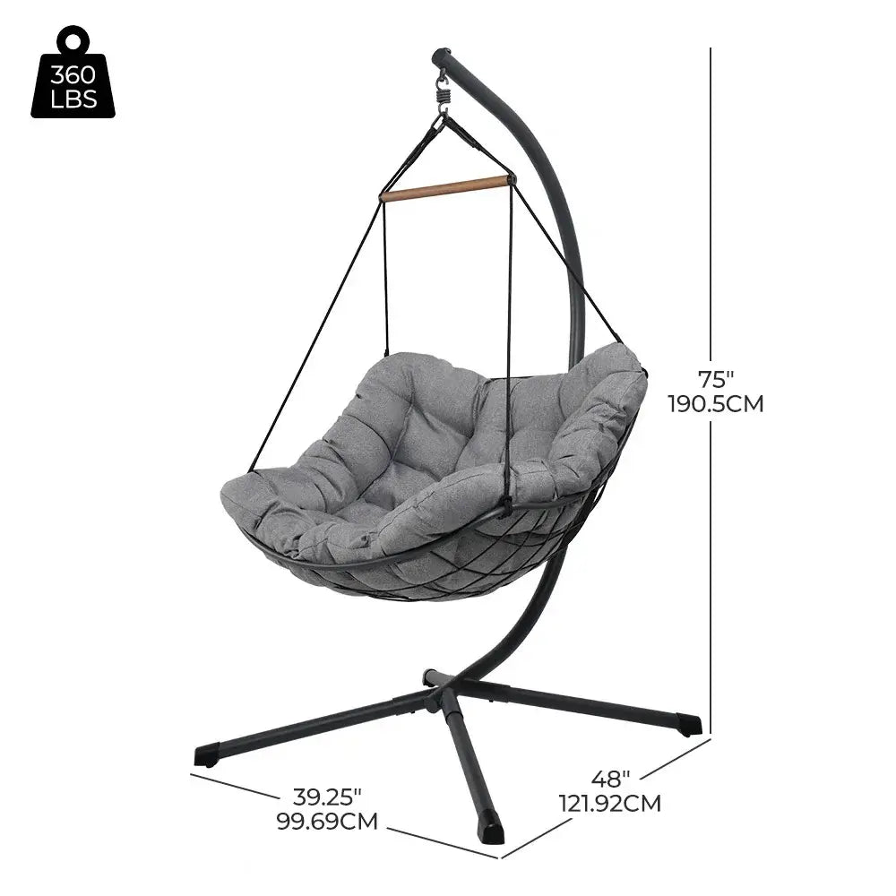 Gray hanging chair with dimensions and weight capacity on a white background