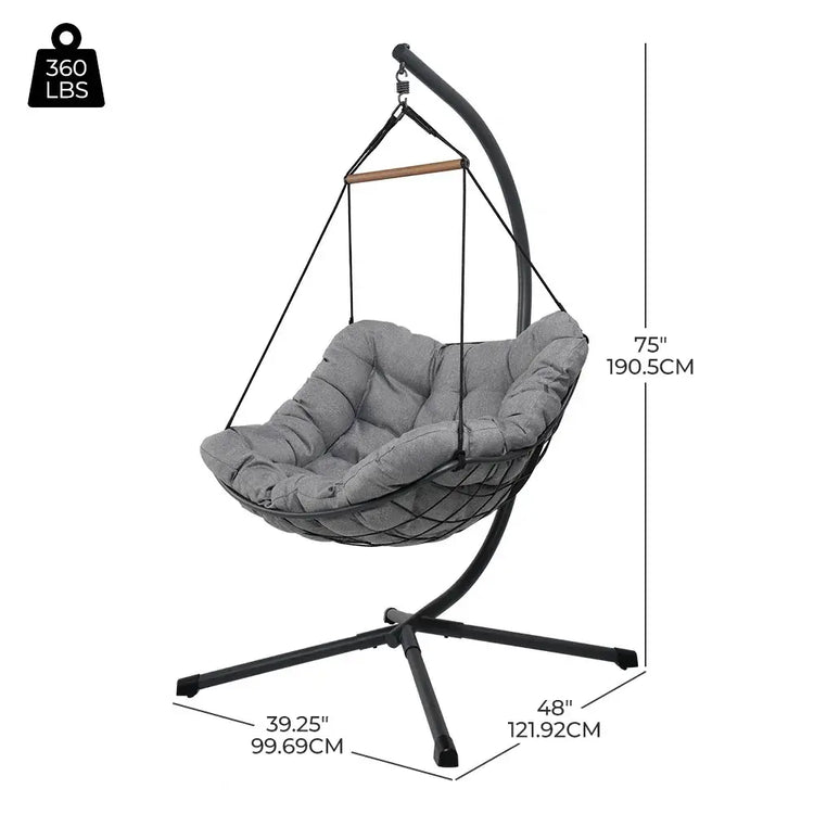 Gray hanging chair with dimensions and weight capacity on a white background