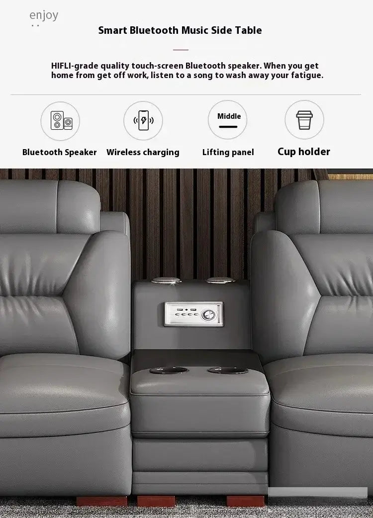 Smart Bluetooth Music Side Table with ergonomic design and features including wireless charging and cup holder.