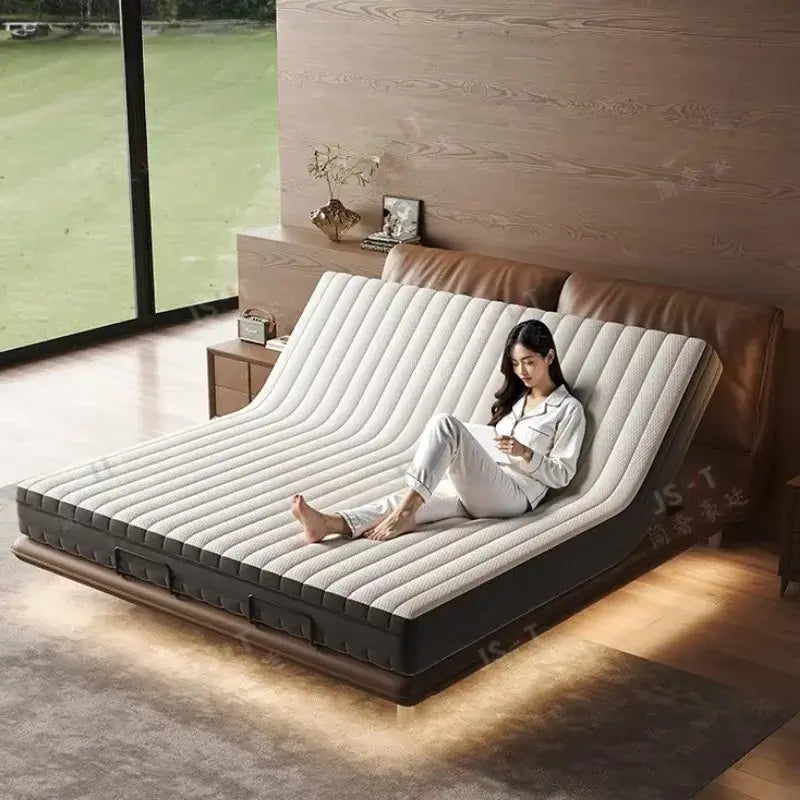 Luxury Adult Multi Functional Bed Metal Adjustable Smart Bases Bedroom Double Bed King Size Bedframe Camas De Casal Furniture with a woman relaxing.
