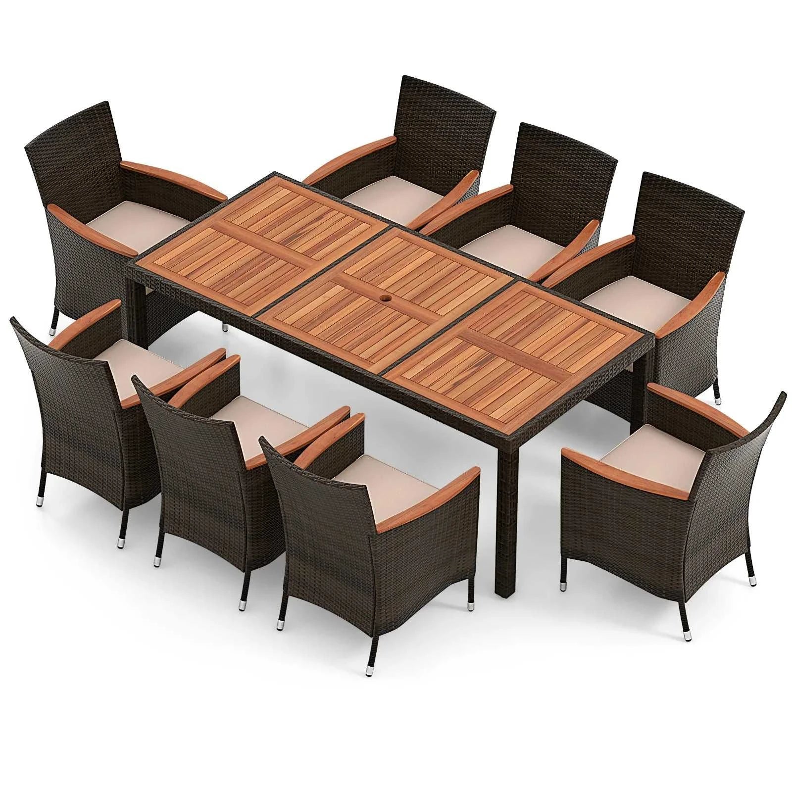 Wooden outdoor dining table with eight matching chairs on a white background