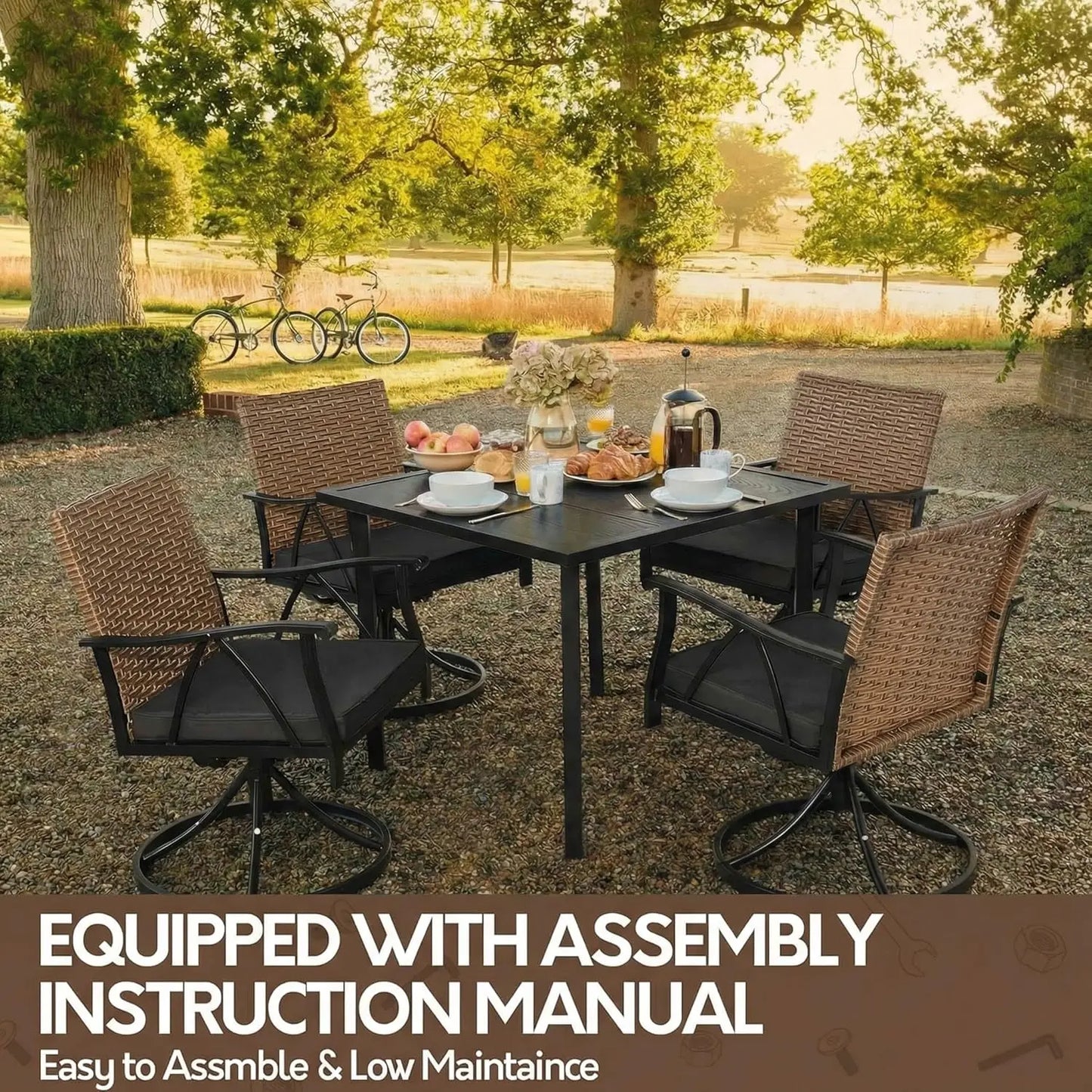 5-Piece Outdoor Patio Dining Set | Wicker Swivel Chairs with Cushions & Umbrella-Ready Table
