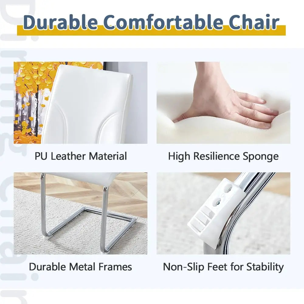 Chair features with text highlighting durable materials and comfort.