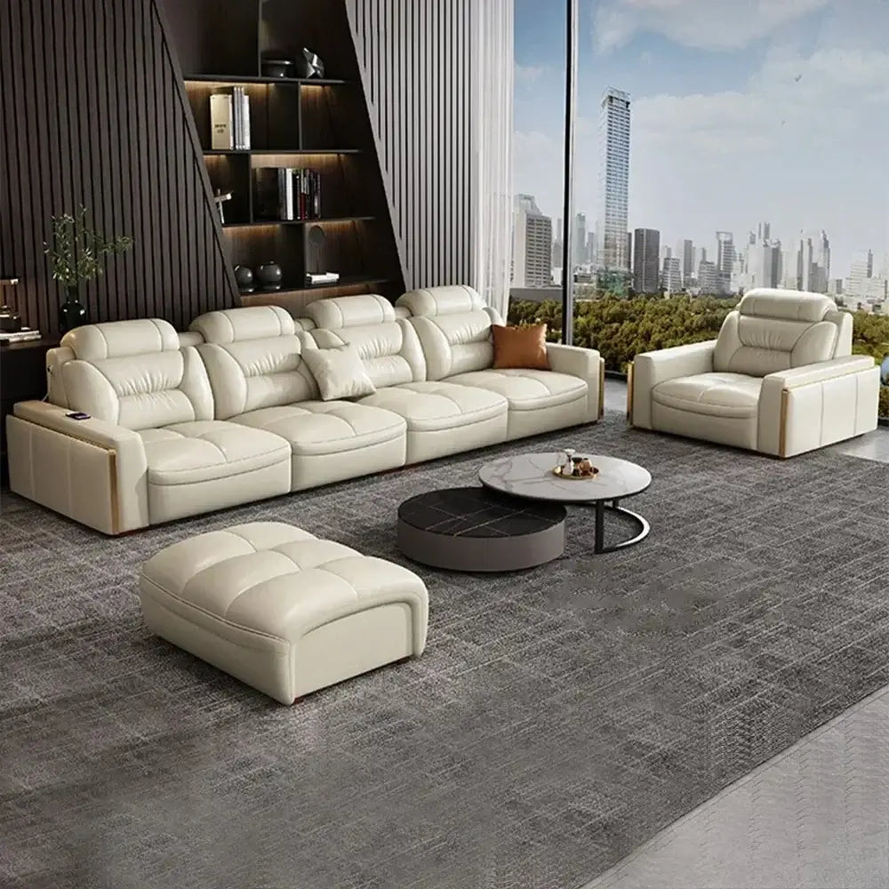 Premium Italian leather sectional sofa with USB and Bluetooth in a modern living room setup.