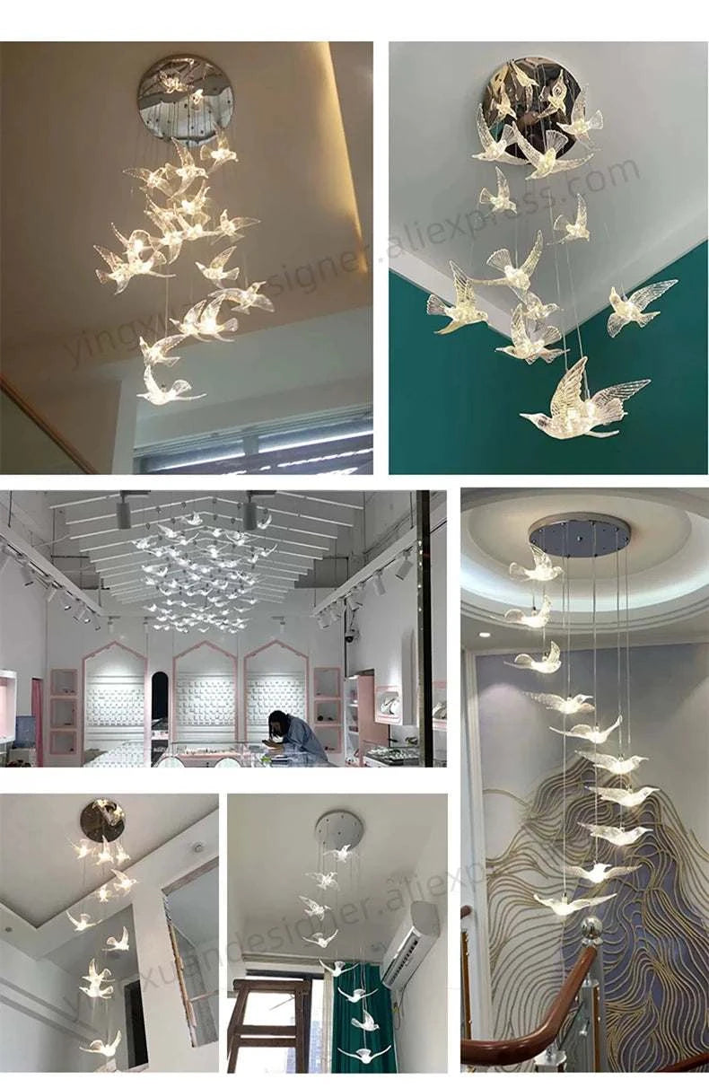 Collage of bird-shaped chandeliers in various settings
