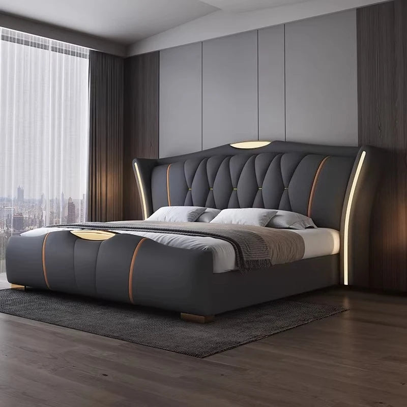 Luxury leather bed frame 3 sizes with modern design and LED accents in stylish bedroom setting.